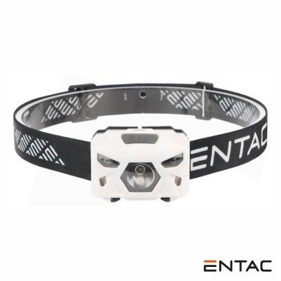 Lanterna de cabeça branca com faixa preta com texto ENTAC