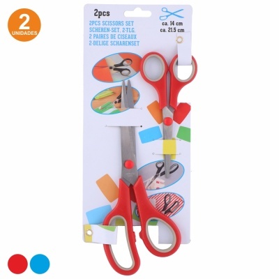 Conjunto de 2 tesouras vermelhas e cinza em embalagem de cartão