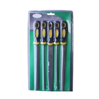 Conjunto de cinco limas com cabos preto e amarelo em embalagem blister.