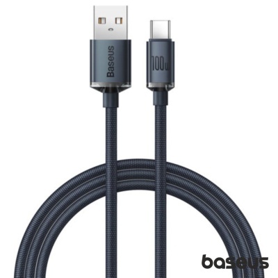 Cabo USB tipo A para tipo C preto com revestimento em nylon trançado e texto Baseus e 100W.