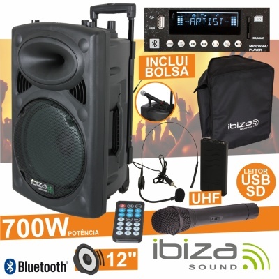 Coluna portátil Ibiza Sound preta com microfone, comando, auscultadores e bolsa