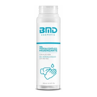 Frasco branco de gel hidroalcoólico BMD cosmetic com texto azul e ícone de mãos sendo higienizadas
