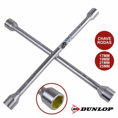 Chave de rodas cruzada em metal prateado com tamanhos 17mm, 19mm, 21mm, 23mm da marca DUNLOP