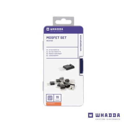 Conjunto MOSFET WCS103 da Whadda em embalagem branca com detalhes roxos, contendo 11 peças de componentes eletrónicos.