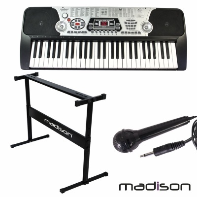 Teclado musical, microfone e suporte de teclado com logotipo Madison