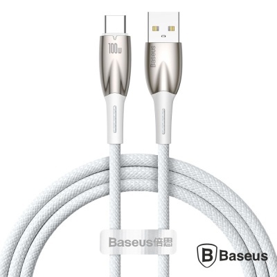 Cabo USB branco USB-A para USB-C com revestimento trançado e logótipo Baseus