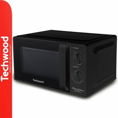 Micro-ondas preto Techwood com dois botões e porta de vidro