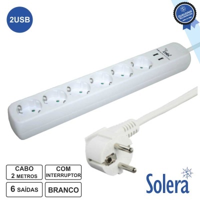 TOMADA ELÉTRICA C 6 SAÍDAS INTERRUPTOR 2USB 2M SOLERA