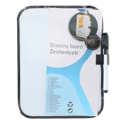 Prancha de desenho branca com moldura preta e caneta presas na lateral