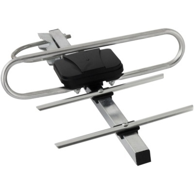 Antena externa metálica prateada com componentes pretos