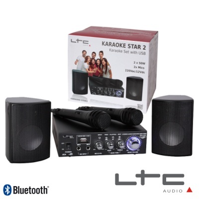 Conjunto karaoke LTC com colunas pretas, amplificador e microfones ao lado da caixa do produto