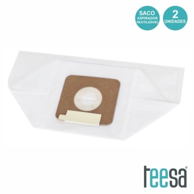 Saco aspirador reutilizável branco com suporte castanho e texto de indicação