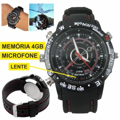 Relógio de pulso preto com pulseira preta e costuras vermelhas e várias marcações no mostrador