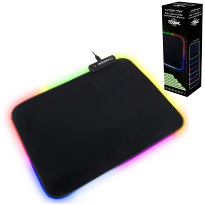 Tapete de rato preto com iluminação RGB colorida nas bordas e embalagem ZODIAC