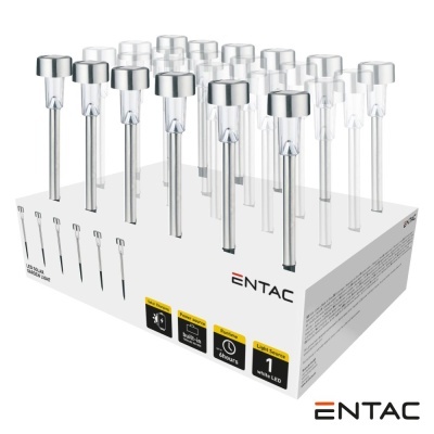 Lâmpadas solares ENTAC para jardim em embalagem branca com texto e ícones