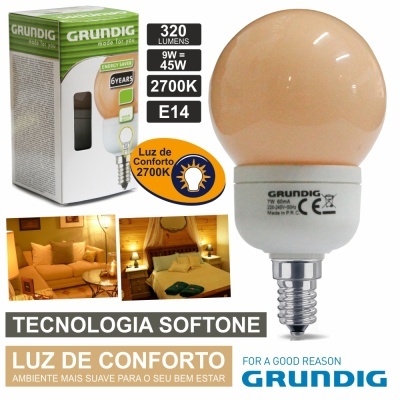 LÂMPADA E14 9W=45W 230V ECO TEC. SOFTONE 320LM GRUNDIG