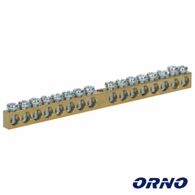 Barra de distribuição elétrica dourada com parafusos prateados e logotipo ORNO