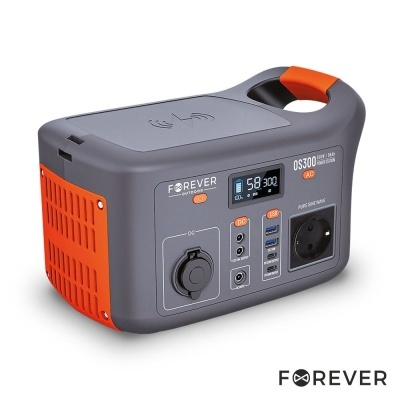 Gerador portátil de energia FOREVER DS300 cinza e laranja com visor digital e múltiplas portas.
