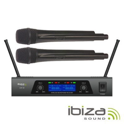 Microfones sem fios pretos com receptor preto e logo Ibiza Sound