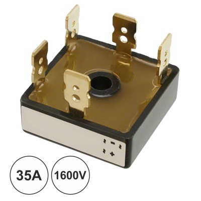 Ponte retificadora quadrada preta com terminais metálicos dourados e textos 35A 1600V