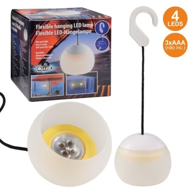 Lâmpada LED pendente flexível branca com gancho e embalagem