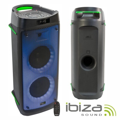 Coluna de som portátil Ibiza Sound preta com grelha azul e controlador remoto