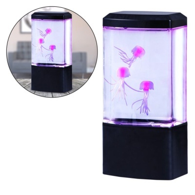 Aquário decorativo com águas-vivas rosas e luz violeta