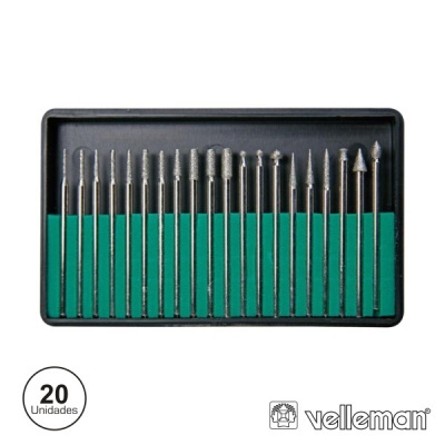 Conjunto de 20 ferramentas rotativas Velleman numa caixa preta com base verde.