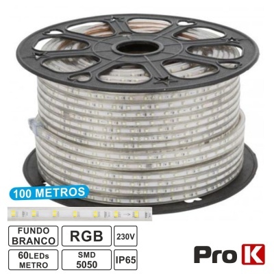 Bobina preta com fita LED branca de 100 metros com especificações técnicas e marca Pro K