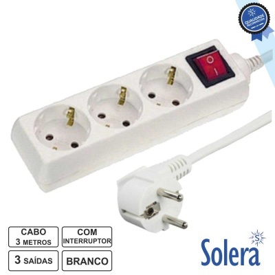 TOMADA ELÉTRICA C 3 SAÍDAS INTERRUPTOR 3M BRANCO SOLERA