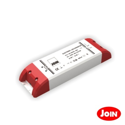 Transformador elétrico retangular branco com extremidades vermelhas e rótulo JOIN