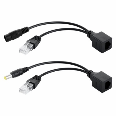Dois cabos adaptadores pretos com conectores RJ45 e DC