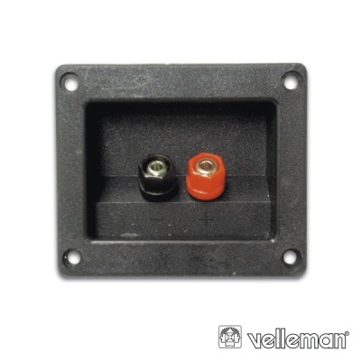 Painel quadrado preto com terminais elétricos preto e vermelho e marca Velleman