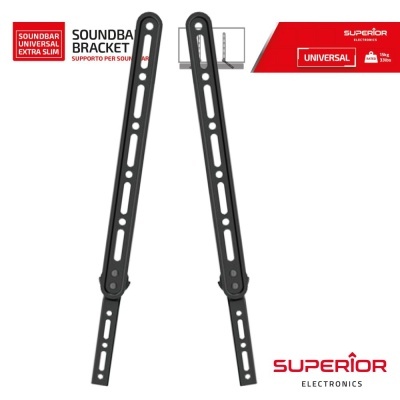Suporte universal para soundbar preto com embalagem branca e vermelha da Superior Electronics
