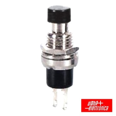 Interruptor de botão de pressão metálico com botão preto e dois pinos de ligação