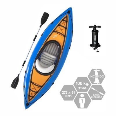 Caiaque insuflável azul e laranja com remo e bomba