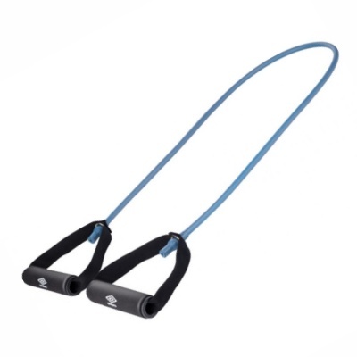 Elástico de resistência azul com pegas pretas de espuma para exercícios