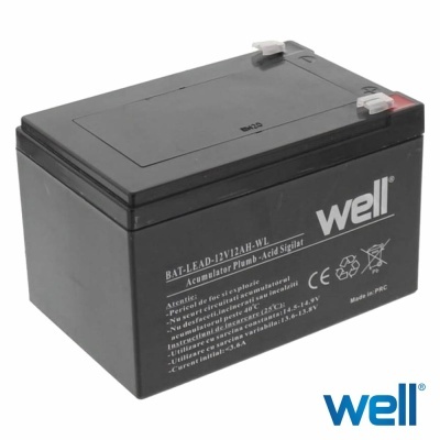 bateria recarregável preta Well com texto e símbolos brancos