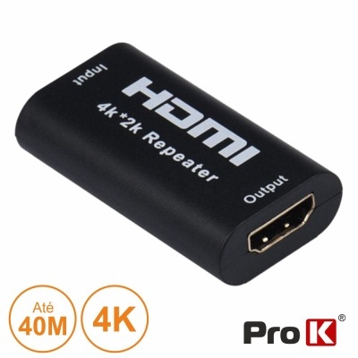 Repetidor HDMI preto Pro K 4K+2K com entrada e saída HDMI.