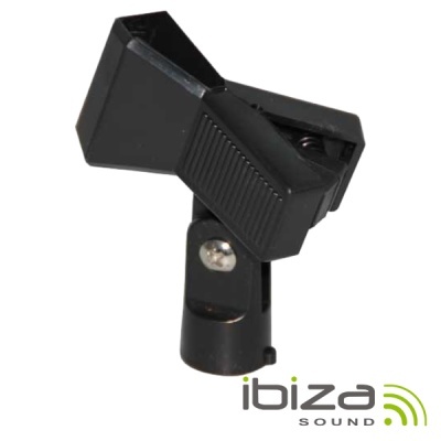Suporte de microfone preto em plástico com parafuso metálico e logo ibiza SOUND.