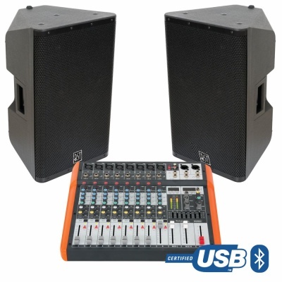 Conjunto de colunas pretas e mesa de mistura preta com estrutura laranja, ícones USB e Bluetooth