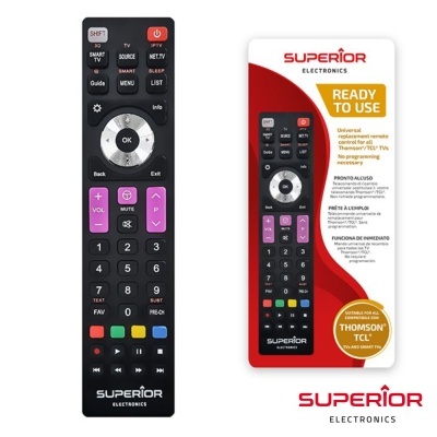 Comando remoto universal preto com botões coloridos e embalagem