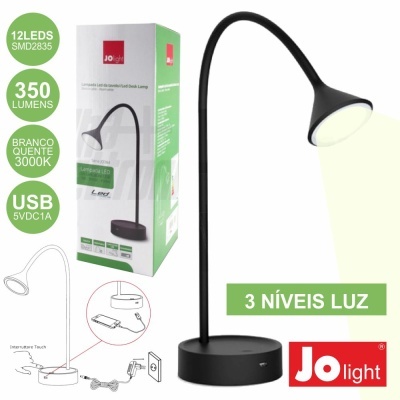 Lâmpada de mesa LED JOlight preta com base redonda e braço flexível