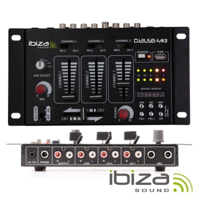 Mesa de mistura preta Ibiza Sound DJ2USB-MKII com sliders, botões e luzes LED