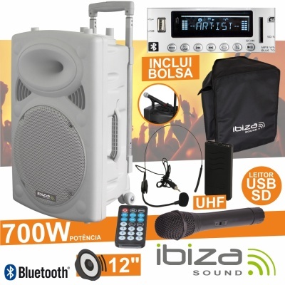 Coluna de som portátil branca Ibiza Sound com microfone e bolsa preta