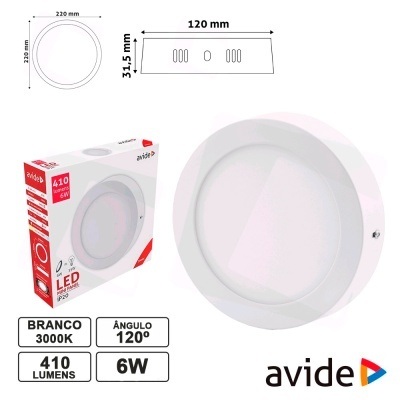 Luz de teto redonda LED branca com embalagem e especificações técnicas