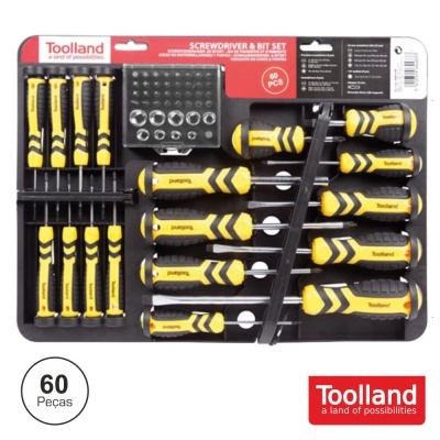 Conjunto de ferramentas amarelo e preto da Toolland com chaves de fendas e bits