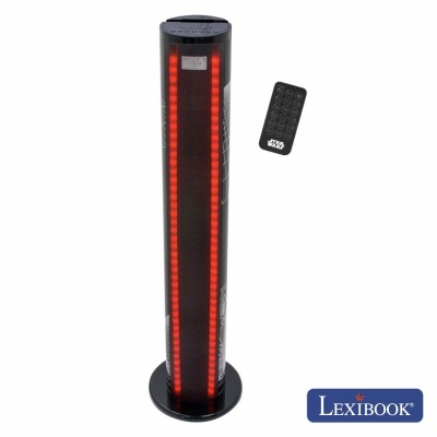 Coluna de som preta com luzes LED vermelhas e comando remoto