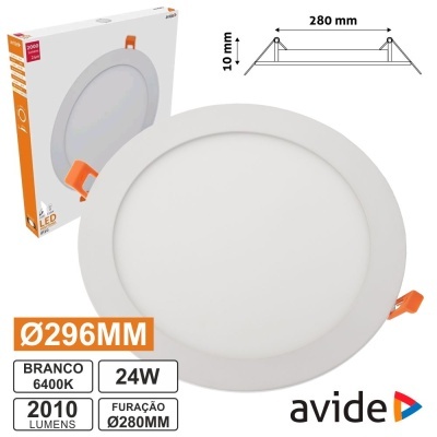 Luz LED redonda branca de 296 mm com características técnicas e caixa