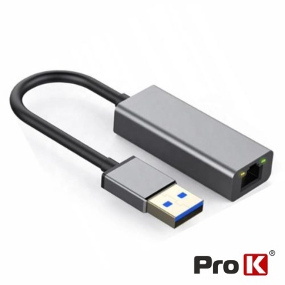 Adaptador USB 3.0 para ethernet cinza e preto com indicador verde e marca Pro K
